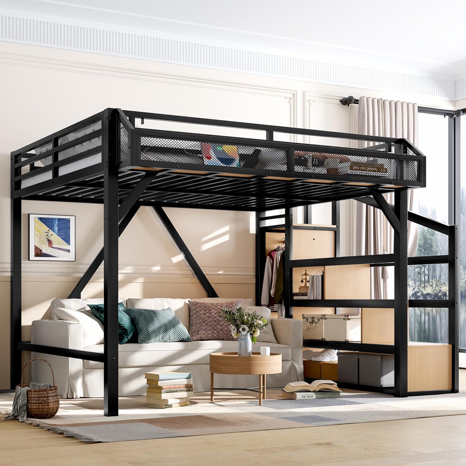 Bellemave Queen Loft Bed with Stairs and Built-in Wardrobe, Metal Loft Bed Frame with Storage Shelves, Heavy Duty Loft Beds with USB Ports and LED Lights for Adults, Boys, Girls, Teens, Natural Wood