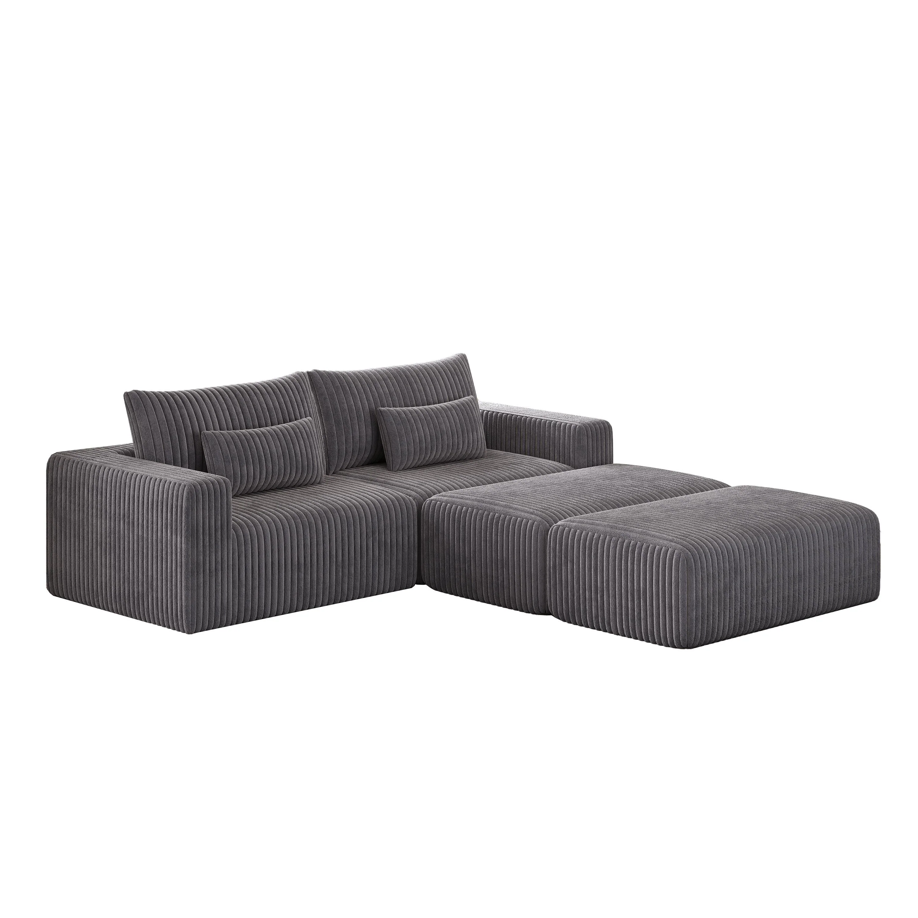 Oversized Sectional Lounge Chaise Plush Corduroy Loveseat with 2 Ottoman, Sleeper Sofa Chair Zen Chair Bed for Living Room