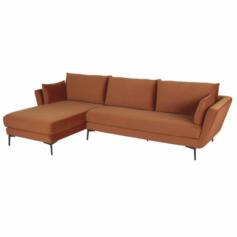 Prague - Canapé d'angle gauche 4/5 places en velours orange écureuil