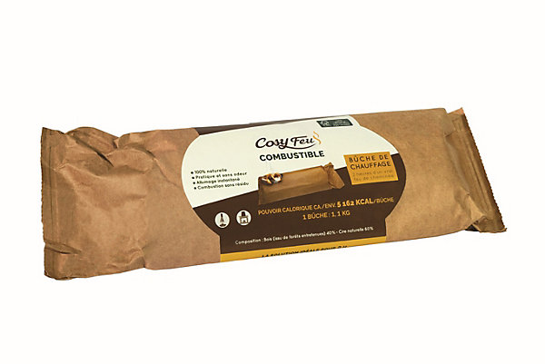 Bûche de cheminée Cosy Feu <10% – durée 2h – allumage instantané – faible cendre – sans odeur – idéale pour cheminée ou poêle – prêt à l’emploi