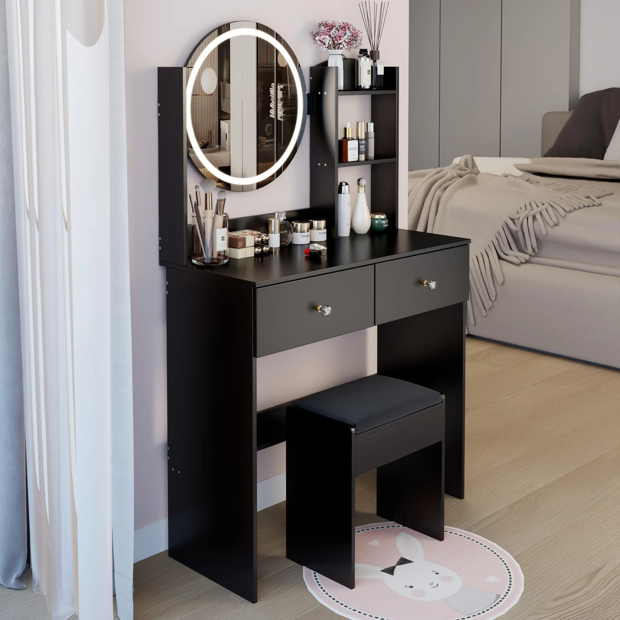 17 Round LED Mirror Vanity Table and Soft Cushion Stool Set