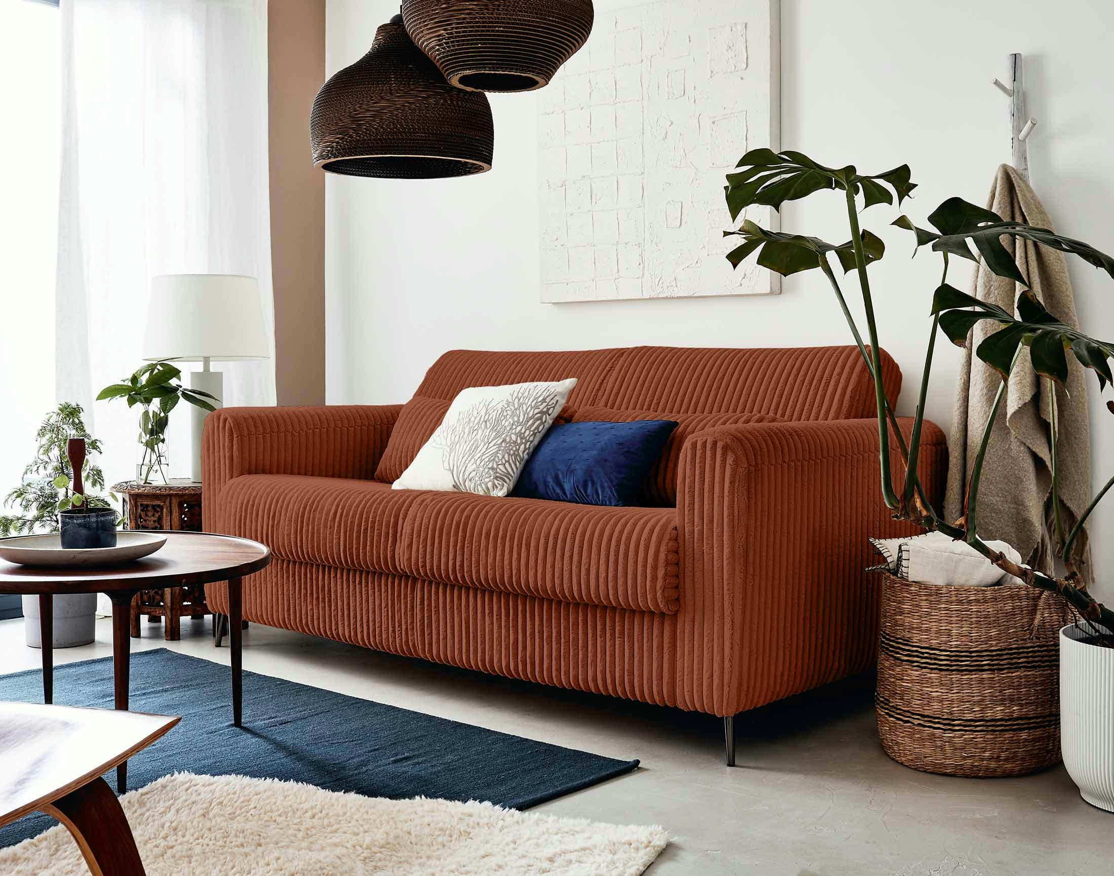 OWEN - Canapé droit convertible 2 places en velours grosses côtes terracotta