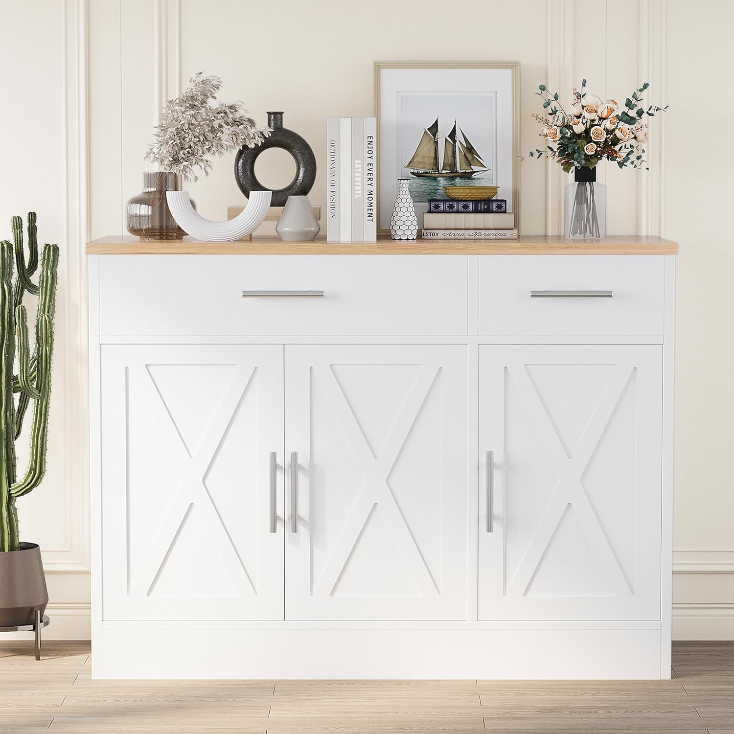Shintenchi Modern Farmhouse Sideboard Buffet Cabinet with Storage with 3 Doors,42 Barn Doors Buffet Cabinet with Storage, Wood Coffee Bar Cabinets with Adjustable Shelf for Kitchen Living Room,White