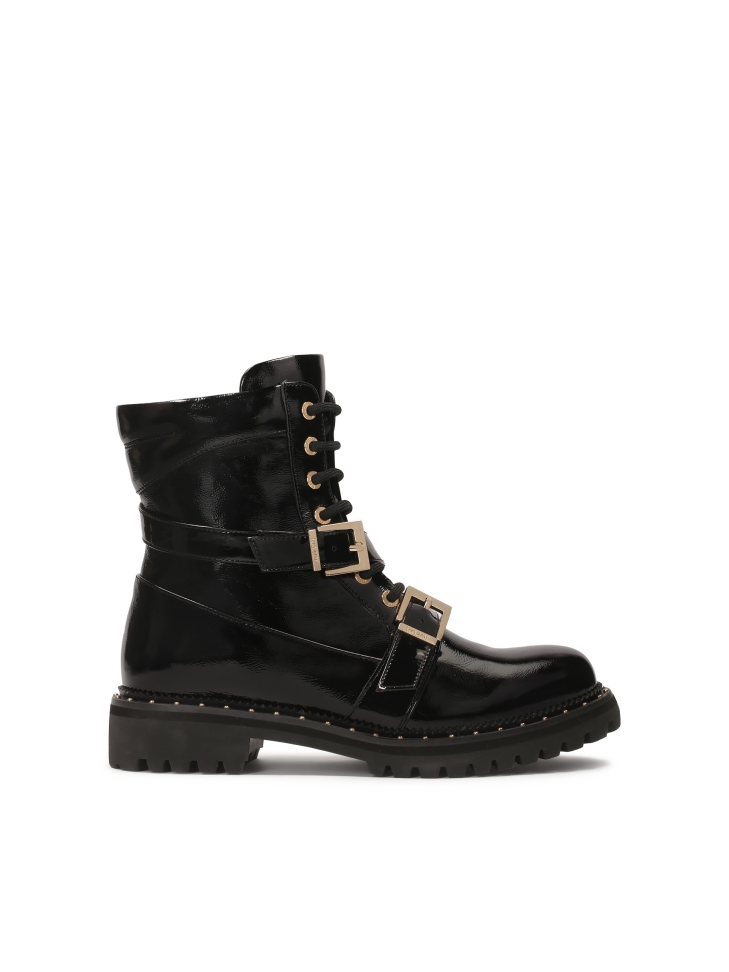 Patent leather boots with zippers and laces