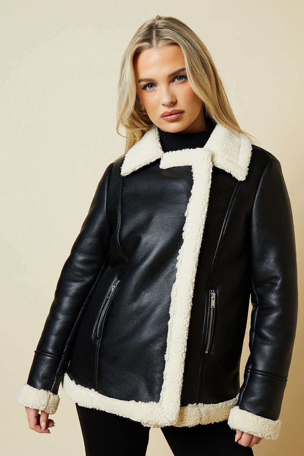 Dorothy Perkins Petite Faux Leather Longline Aviator Jacket