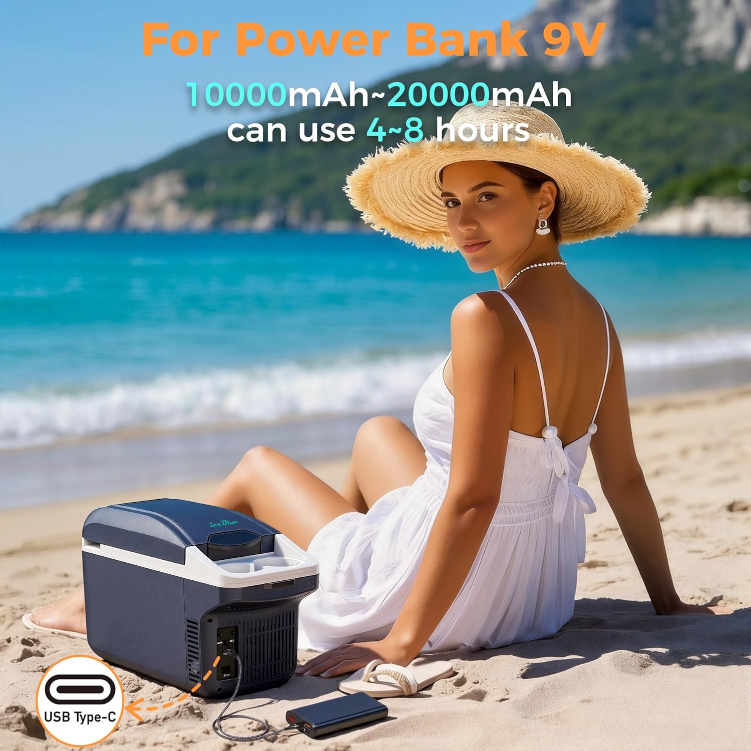 Iceblue Electric Cooler with Type-C, 8 Liter /11 Cans Mini Fridge with Belt, 9V Type-C Thermoelectric Dual-use Car Refrigerator, Car Fridge for Car, Dorm, Travel, Picnic, Gift (Blue)