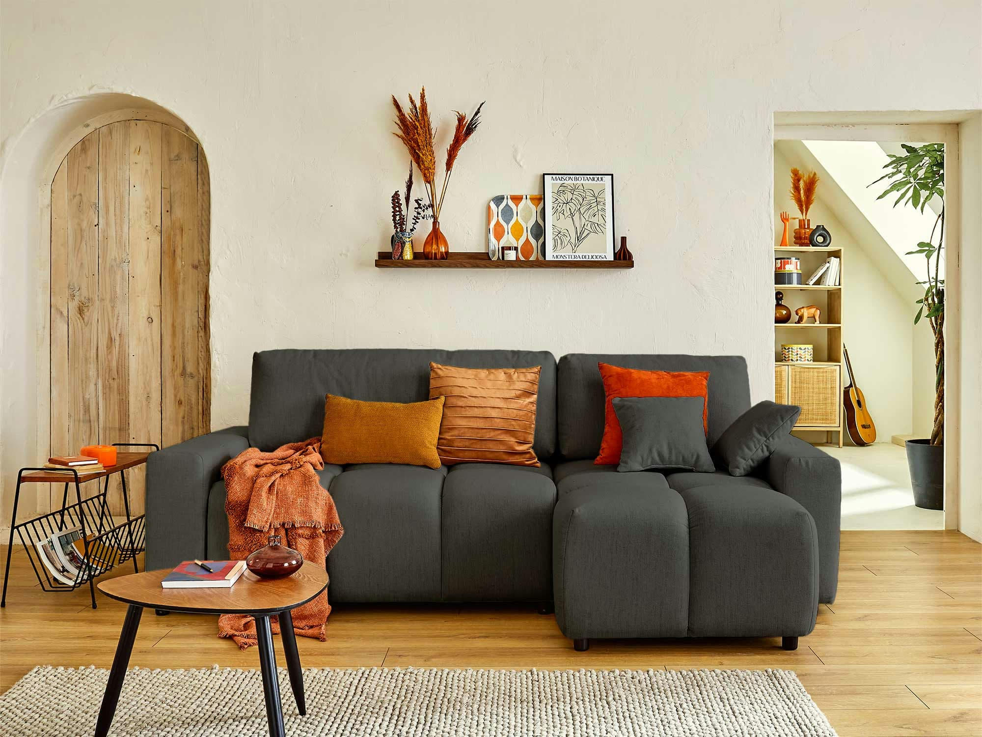 CROCUS - Canapé d'angle réversible convertible 4 places en tissu gris foncé