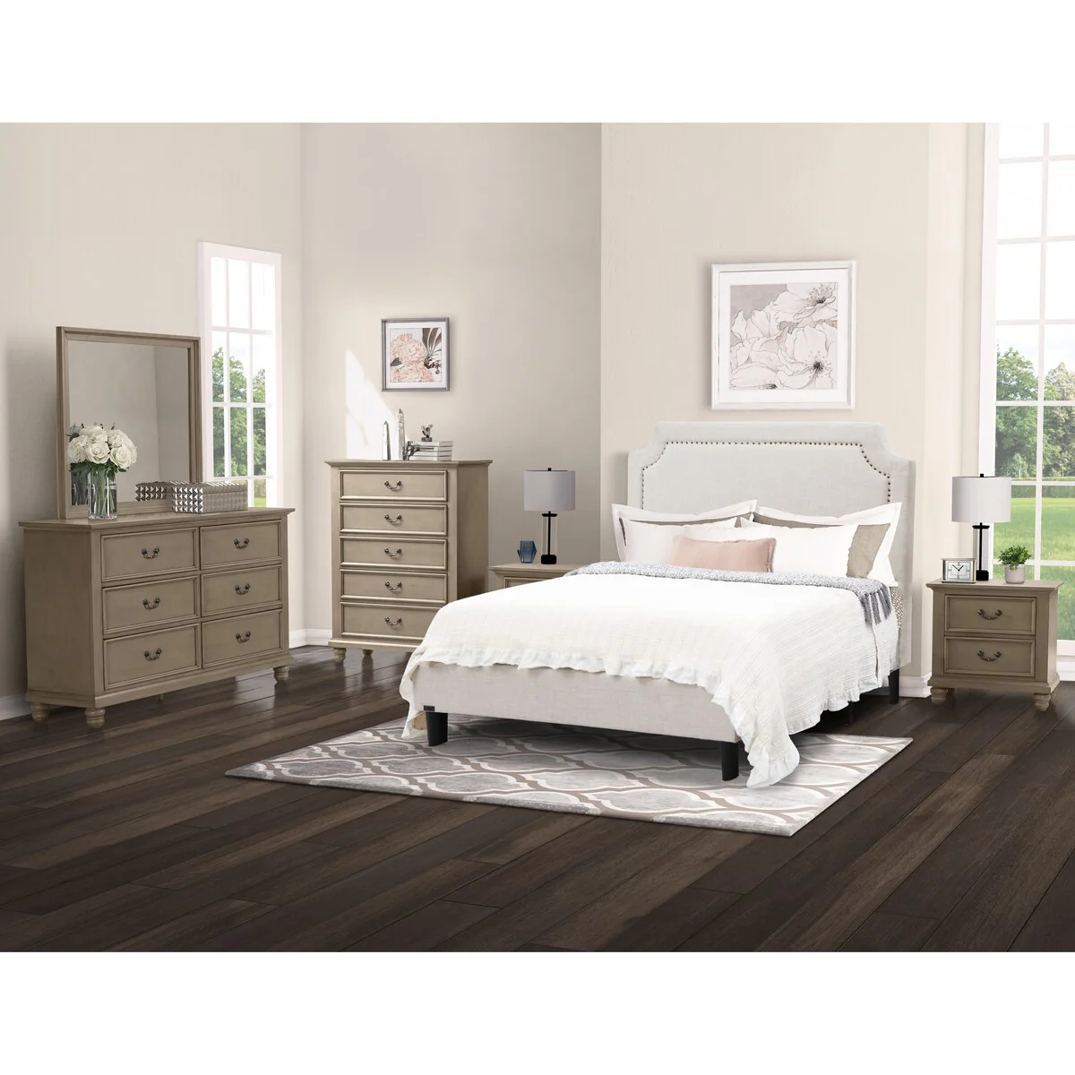 Abbyson Harrison 6 Piece Queen Bedroom Set with Cream Upholstered Bed