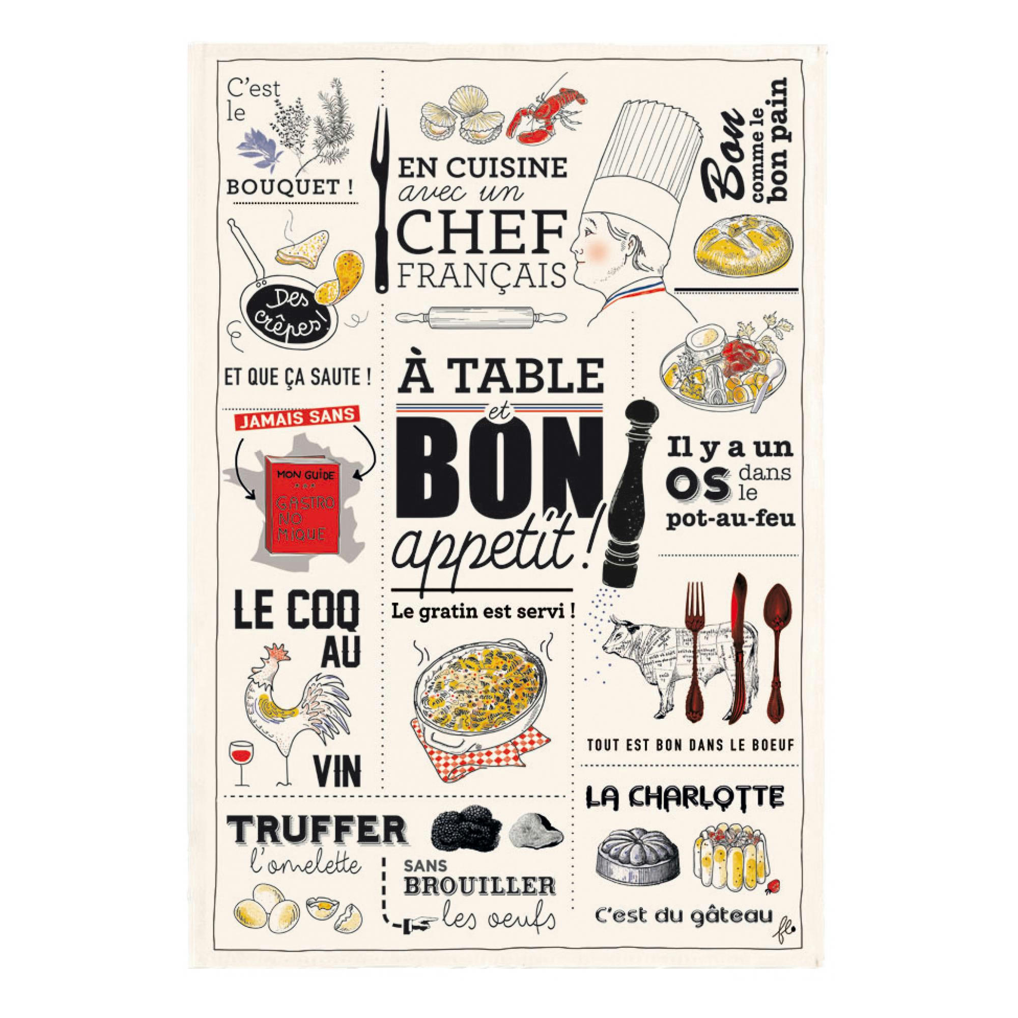 GASTRONOMIE ET VIN - Torchon cuisine française en coton ecru 48 x 72