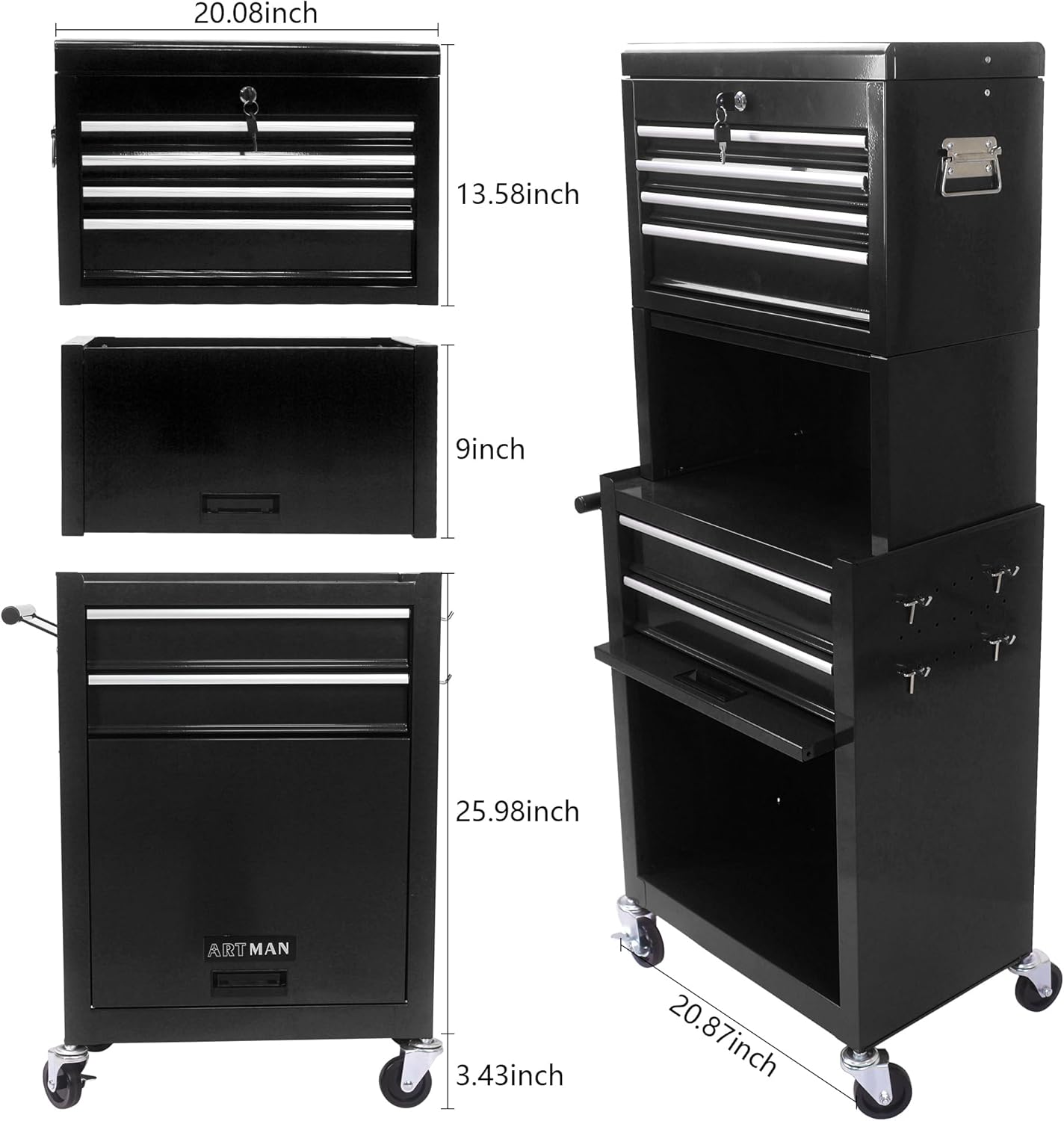 RYH 6 Drawers Rolling Tool Chest & Tool Box on Wheels | Heavy Duty Metal Cart with Ball Bearing Drawers | Fits US General Tool Box for Garage Storage (Black, 6 Drawers 3 in 1/51.99 H × 20.87 W)