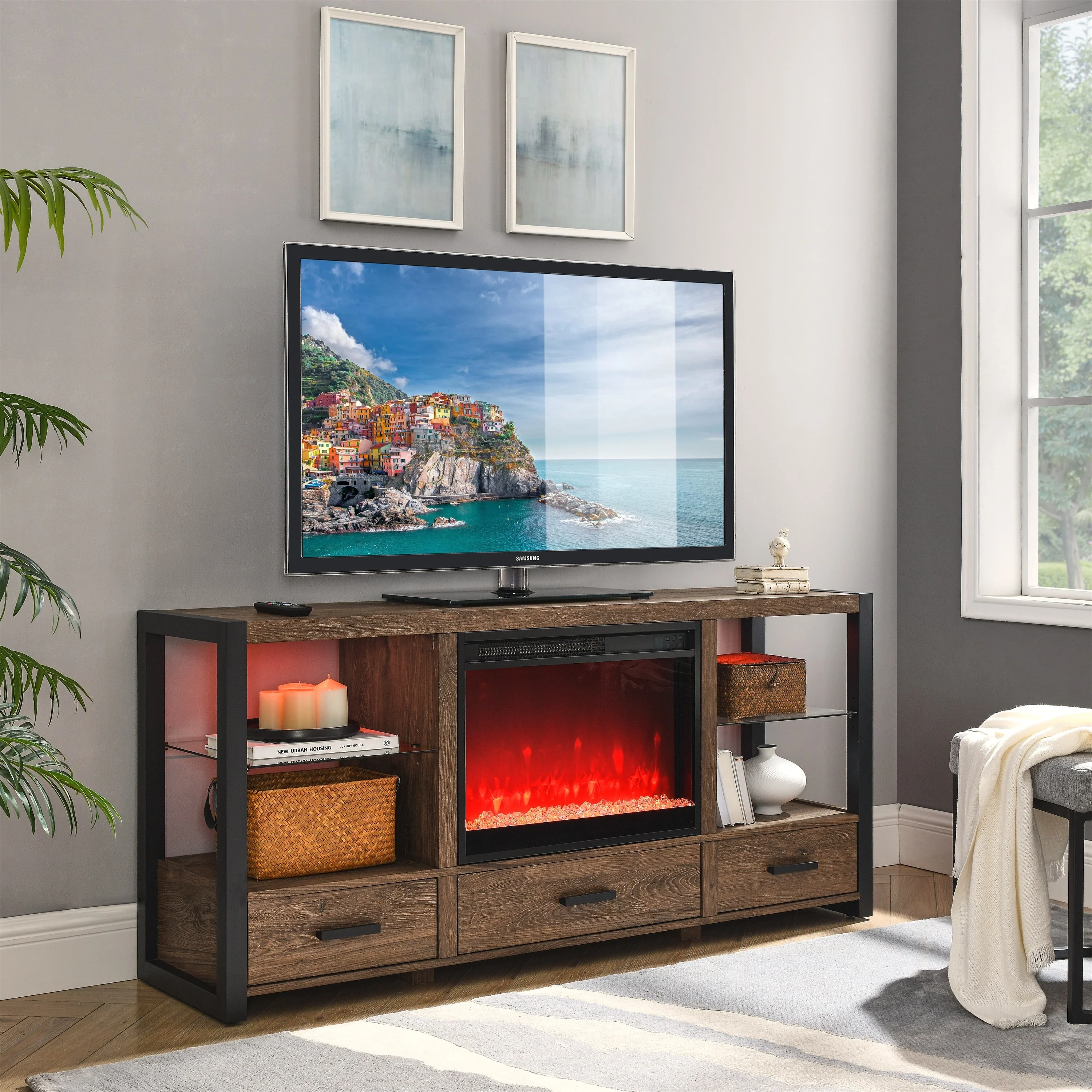 Reclaimed Barnwood 60 Fireplace TV Stand with Colorful LED & Remote for TVs Up to 70