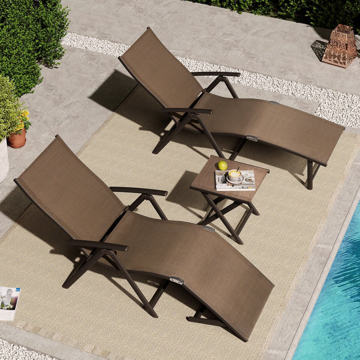 VredHom Outdoor Portable Folding Chaise Lounge Chair with Table (Set of 3) - 70 L x 20 W x 14 H
