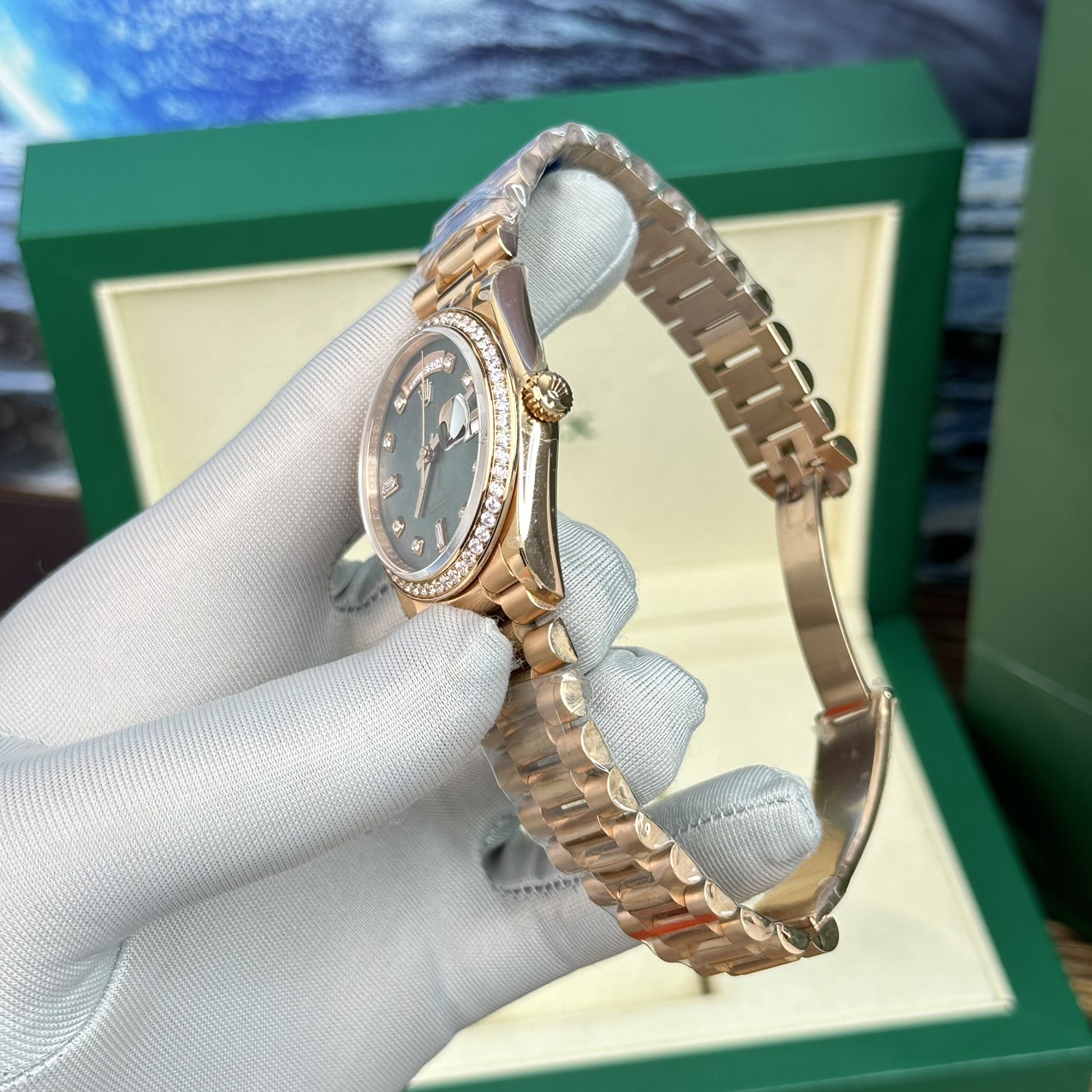 Rolex Day-Date RG Plated Dark MOP Dial CZ Diamonds 40mm BPF Replica