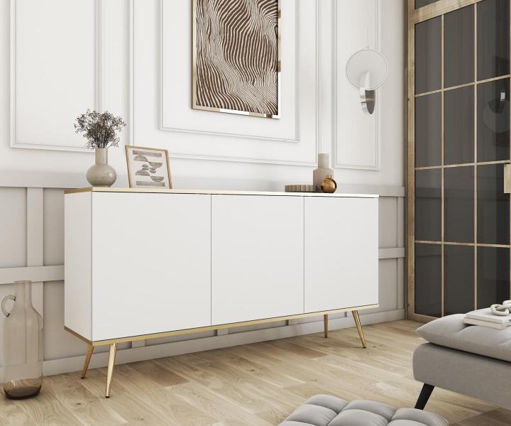 Elegancka komoda do sypialni na wysokich nóżkach POLO BIAŁY ZŁOTY