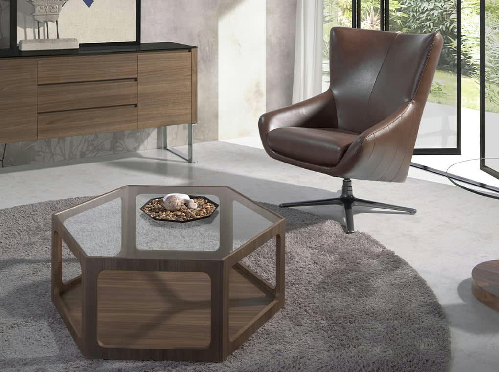 - Table basse effet bois noyer et verre