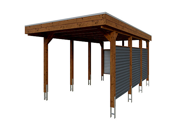 Carport SKAN HOLZ Friesland Hybrid 314x555cm Set 11, avec paroi latérale et paroi arrière, traitement coloré noyer