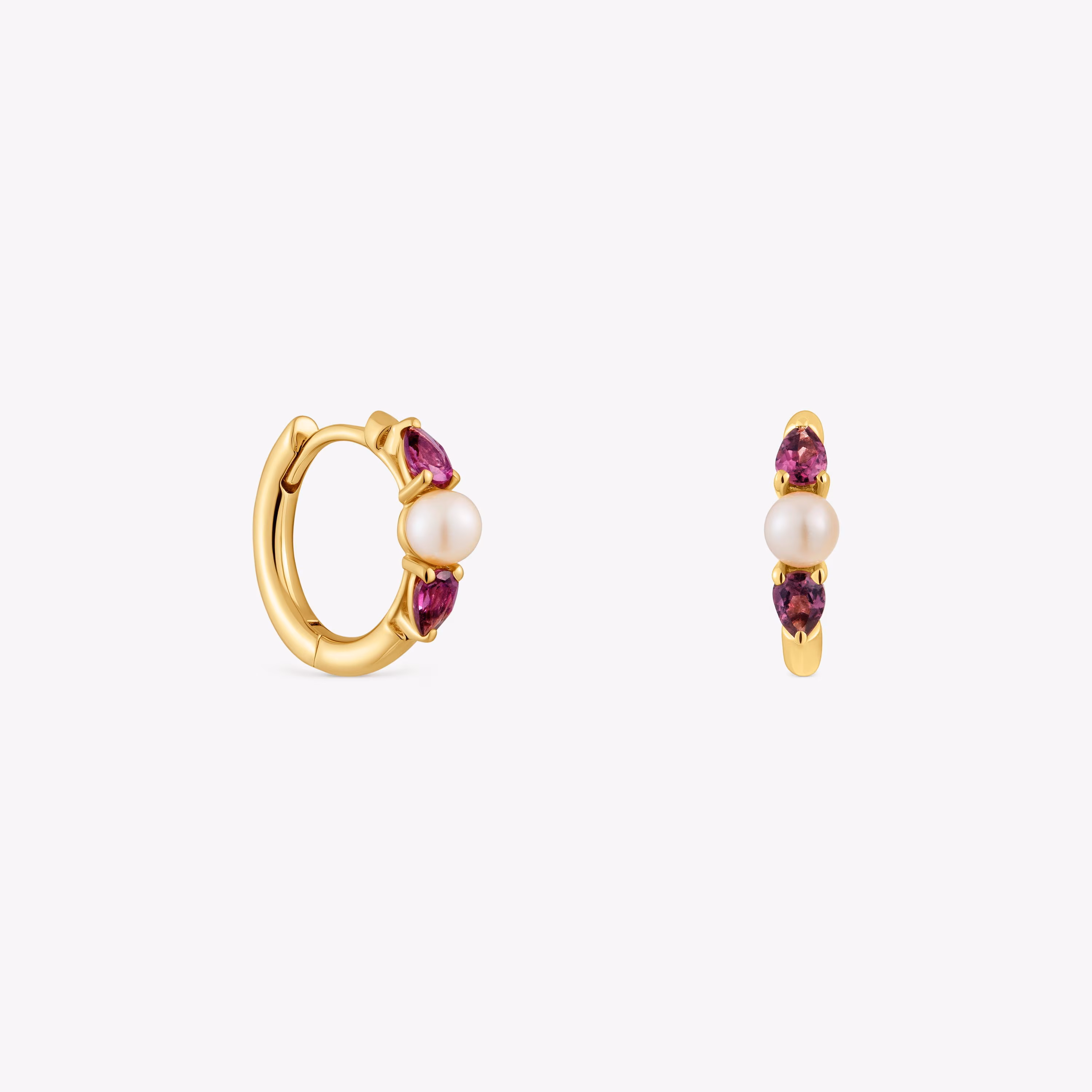 Pendientes aro de oro, rodolitas y perla cultivada Ivette