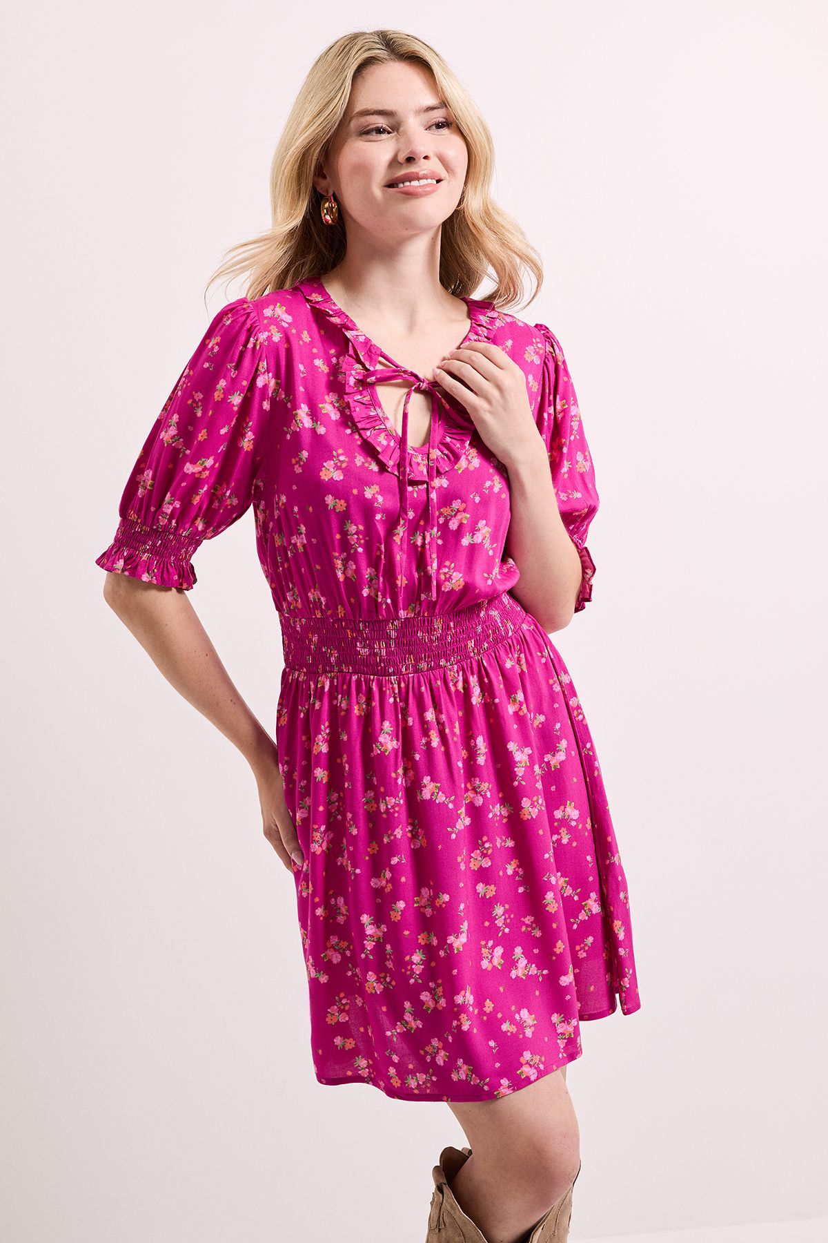 Dorothy Perkins Pink Floral Shirred Waist Tie Neck Mini Dress