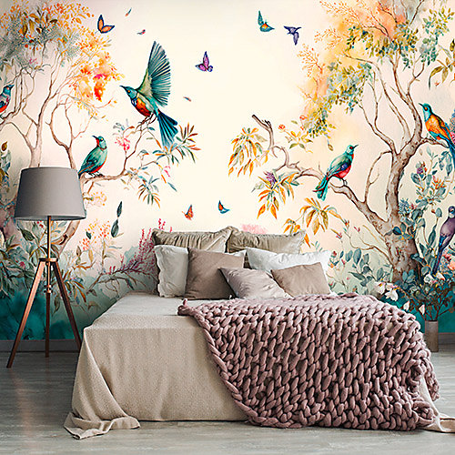 Papier Peint Intissé Panoramique Forêt Peint Oiseaux Art 400x280 cm - Colle Inclus - Chambre et Salon - Moderne Trompe l'oeil