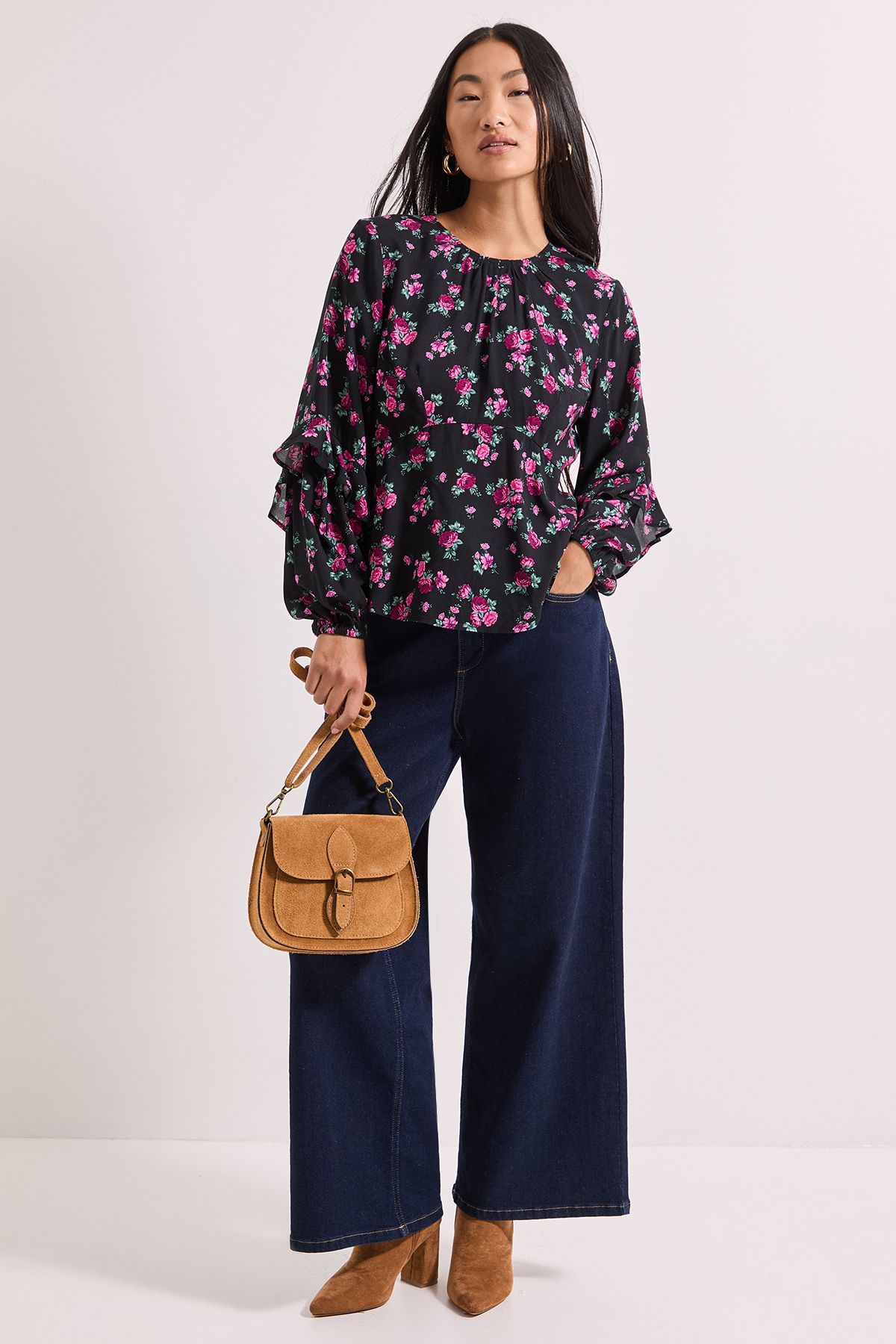 Dorothy Perkins Petite Black Floral Ruffle Blouson Sleeve Empire Seam Blouse