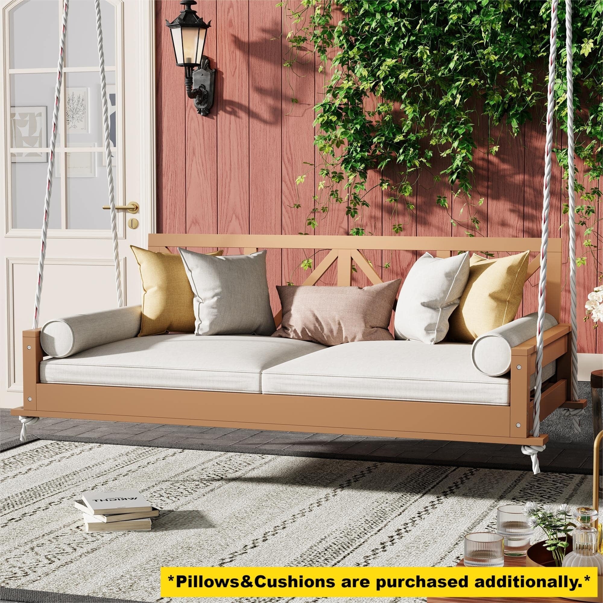 Acacia Wood Twin Size Patio Swing Bed Modern Porch Swing Hanging Bed Frame with 16.4ft Hemp Ropes