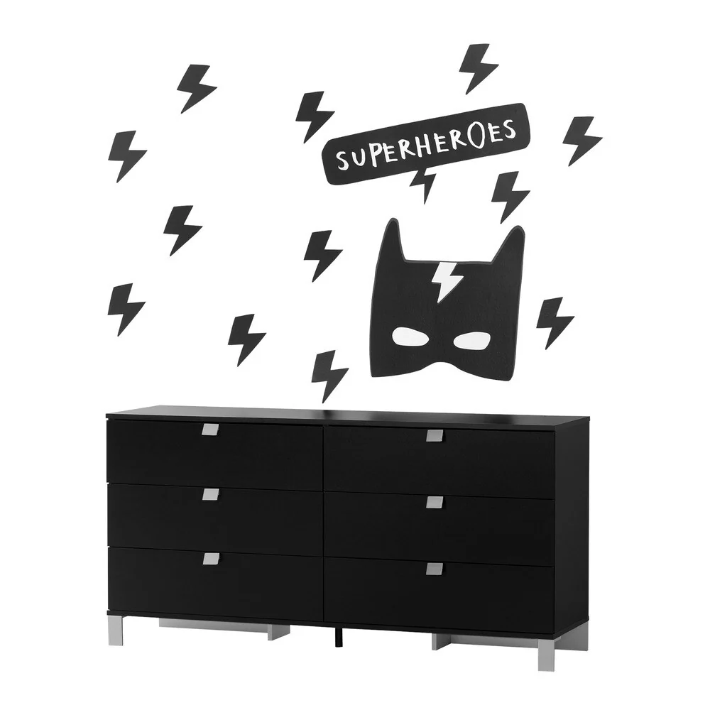 South Shore Spark Pure Black 6-Drawer Double Dresser with Superheroes Wall Decals