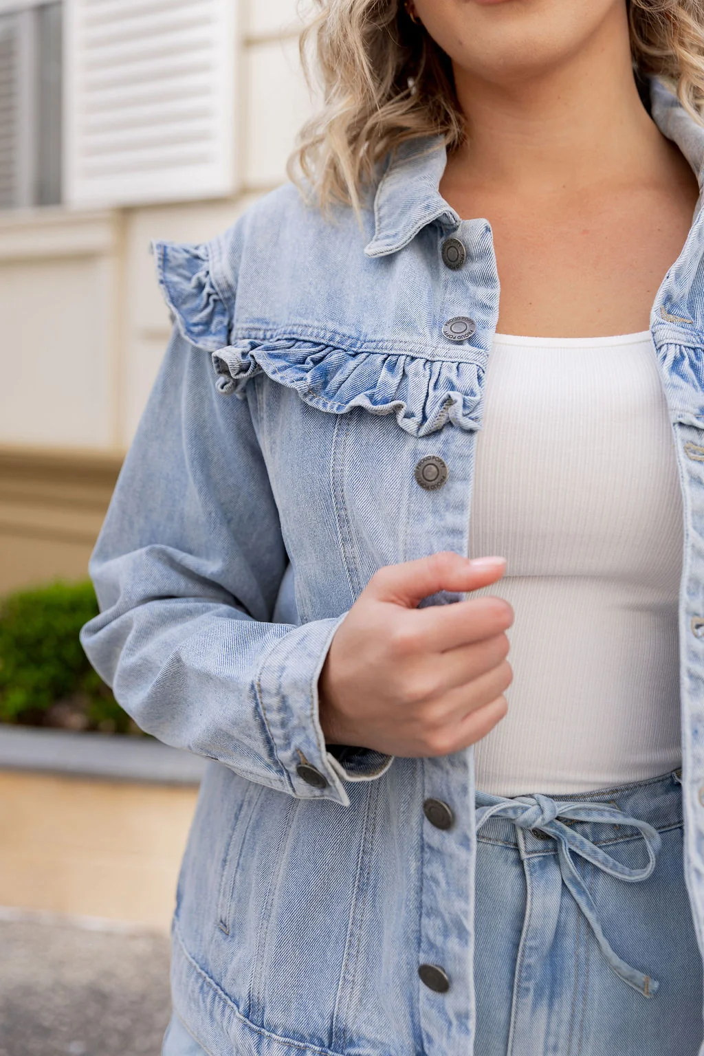 Tessa Ruffle Denim Jacket in Light Blue Wash
