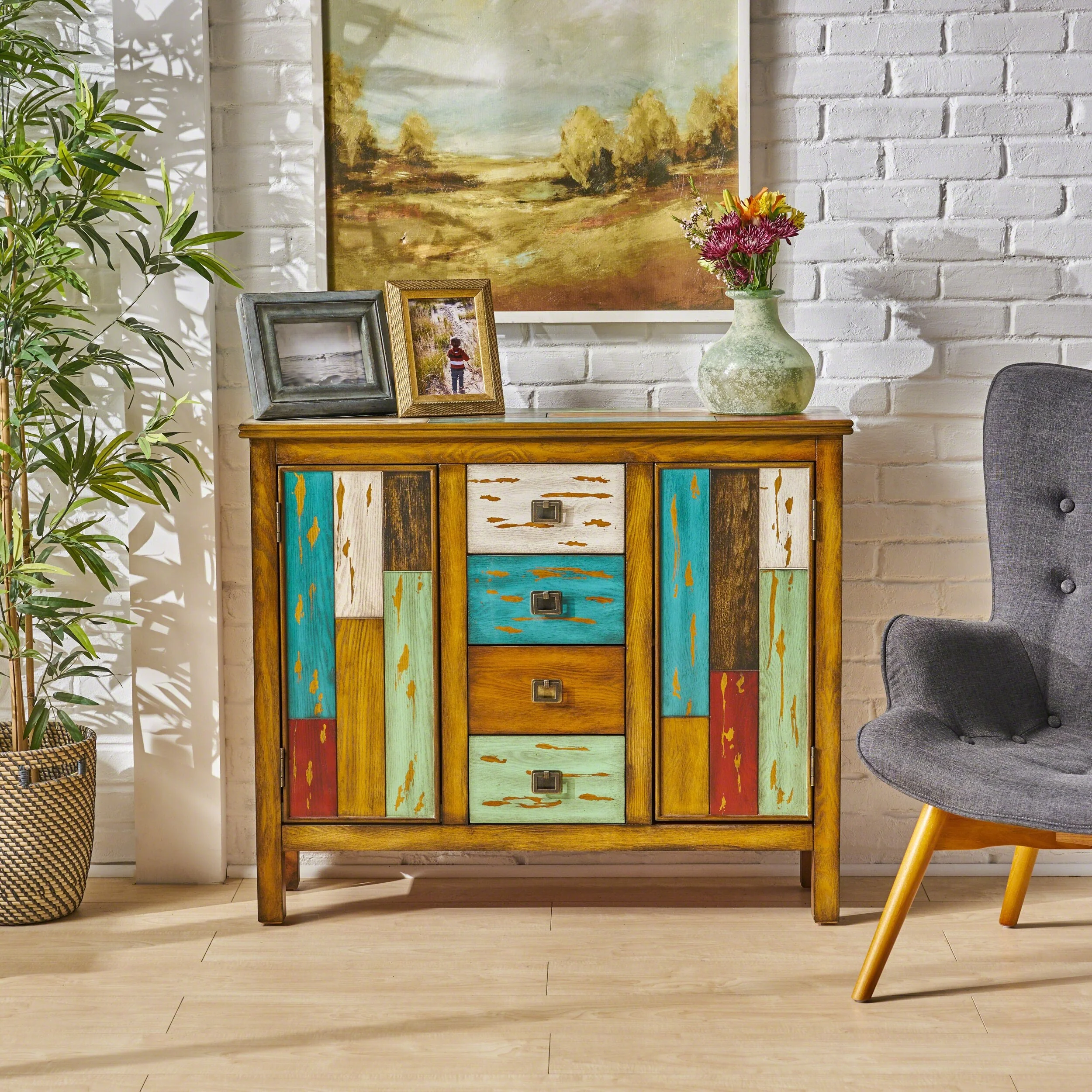 Colorful Distressed Cabinet with 4 Drawers & 2 Doors