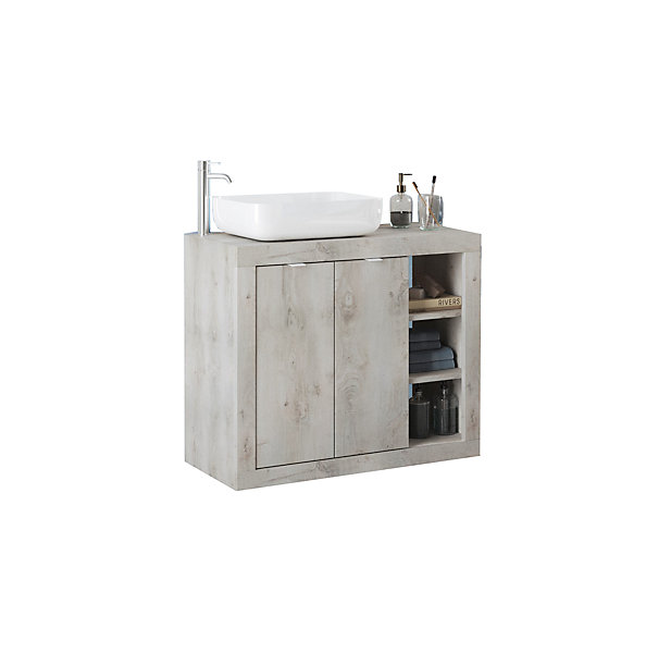 Ensemble salle de bain, meuble miroir vasque BASIC pin blanc, 92 x 78 x 45 cm