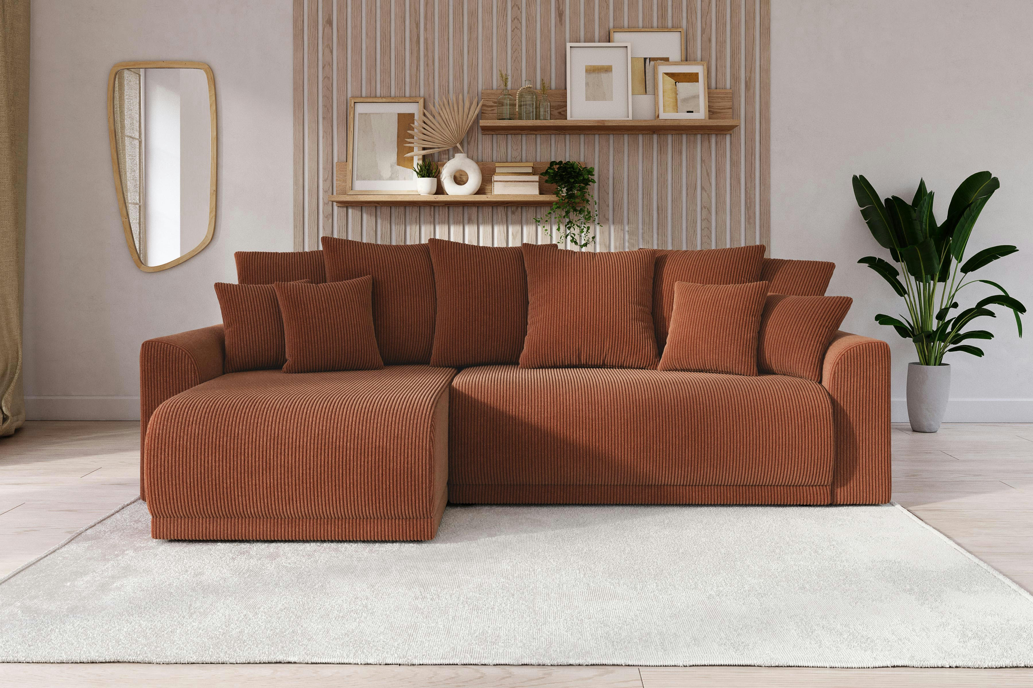 NOVA - Canapé d'angle convertible en velours côtelé 4 places terracotta