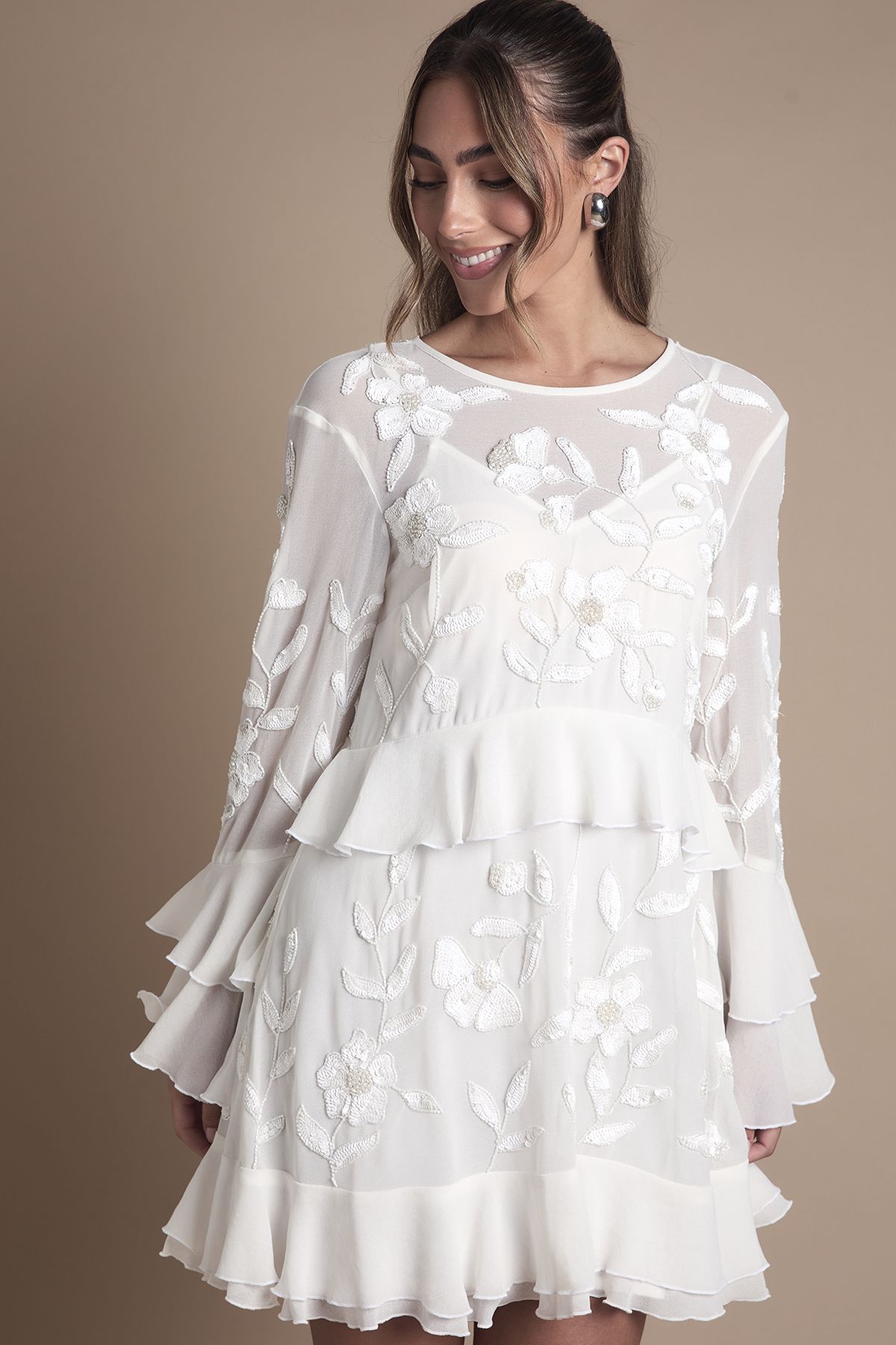 Coast Sequin Long Sleeve Ruffle Mini Wedding Dress