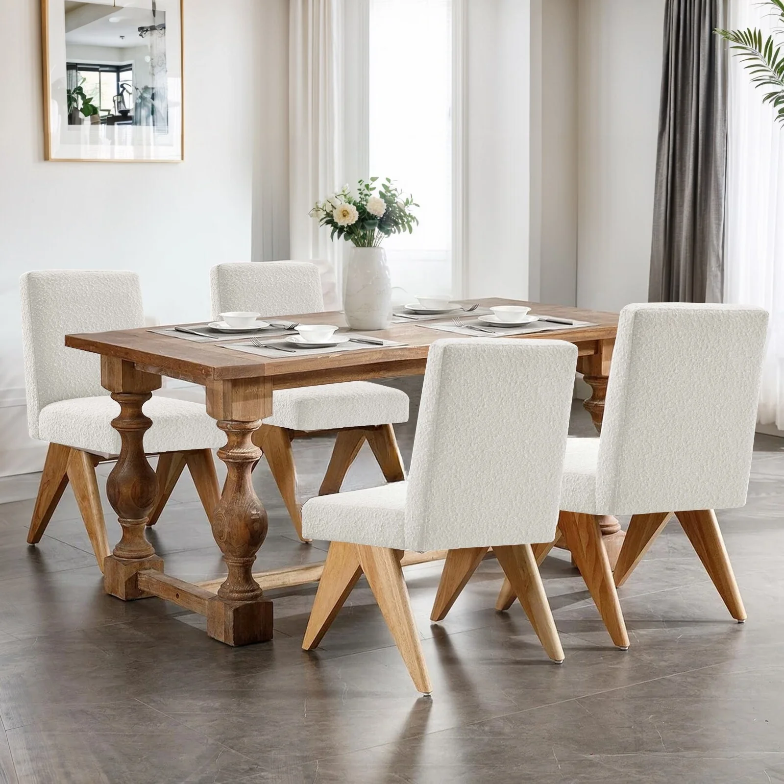 Mid Century Modern Farmhouse Dining Chairs Set of 6, Faux Sherpa Upholstered Kitchen & Dining Room Chairs Armless - N/A