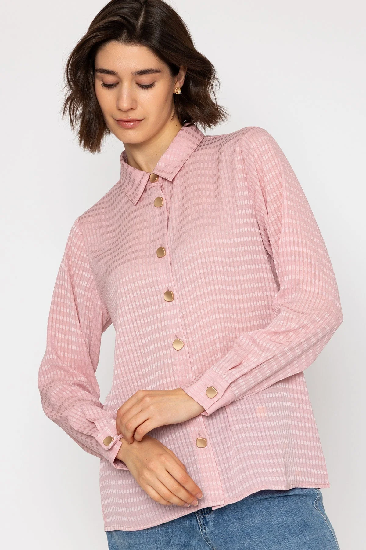 Pink Jacquard Blouse with Gold Buttons