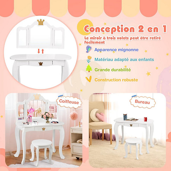 Coiffeuse Enfant 3 7 Ans 2 en 1 Table de Maquillage avec Tabouret 3 Miroirs Amovibles 1 Tiroir Pieds en Bois de Pin