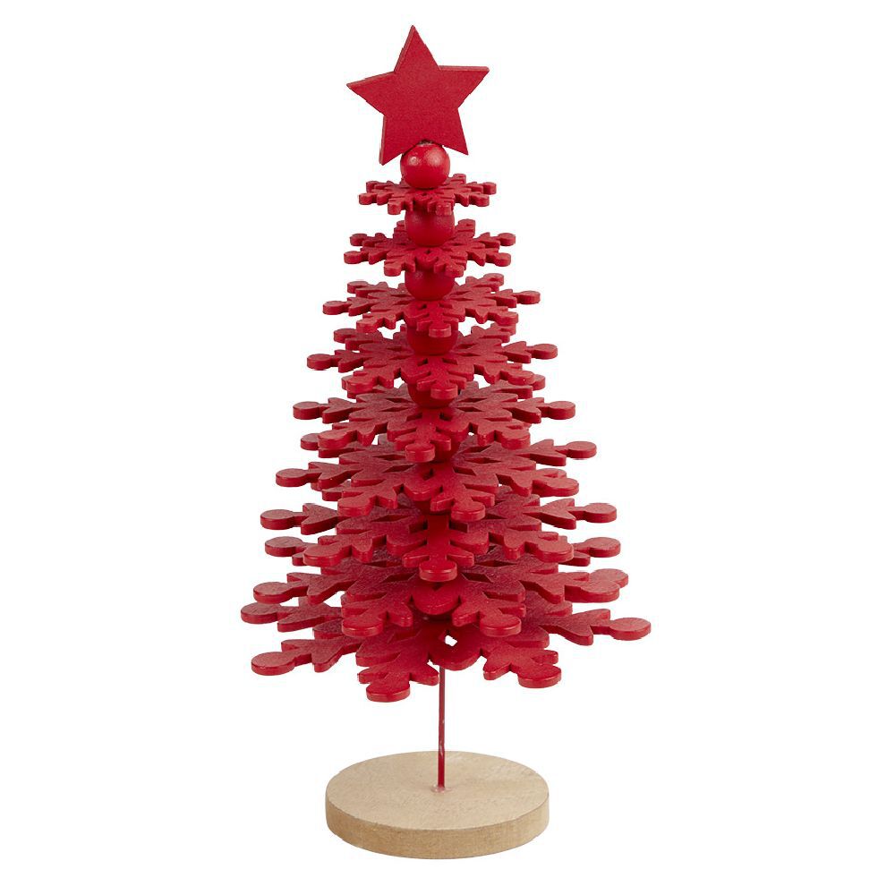 Décoration No&euml;l sapin à poser rouge sur socle bois Ø10xH25cm