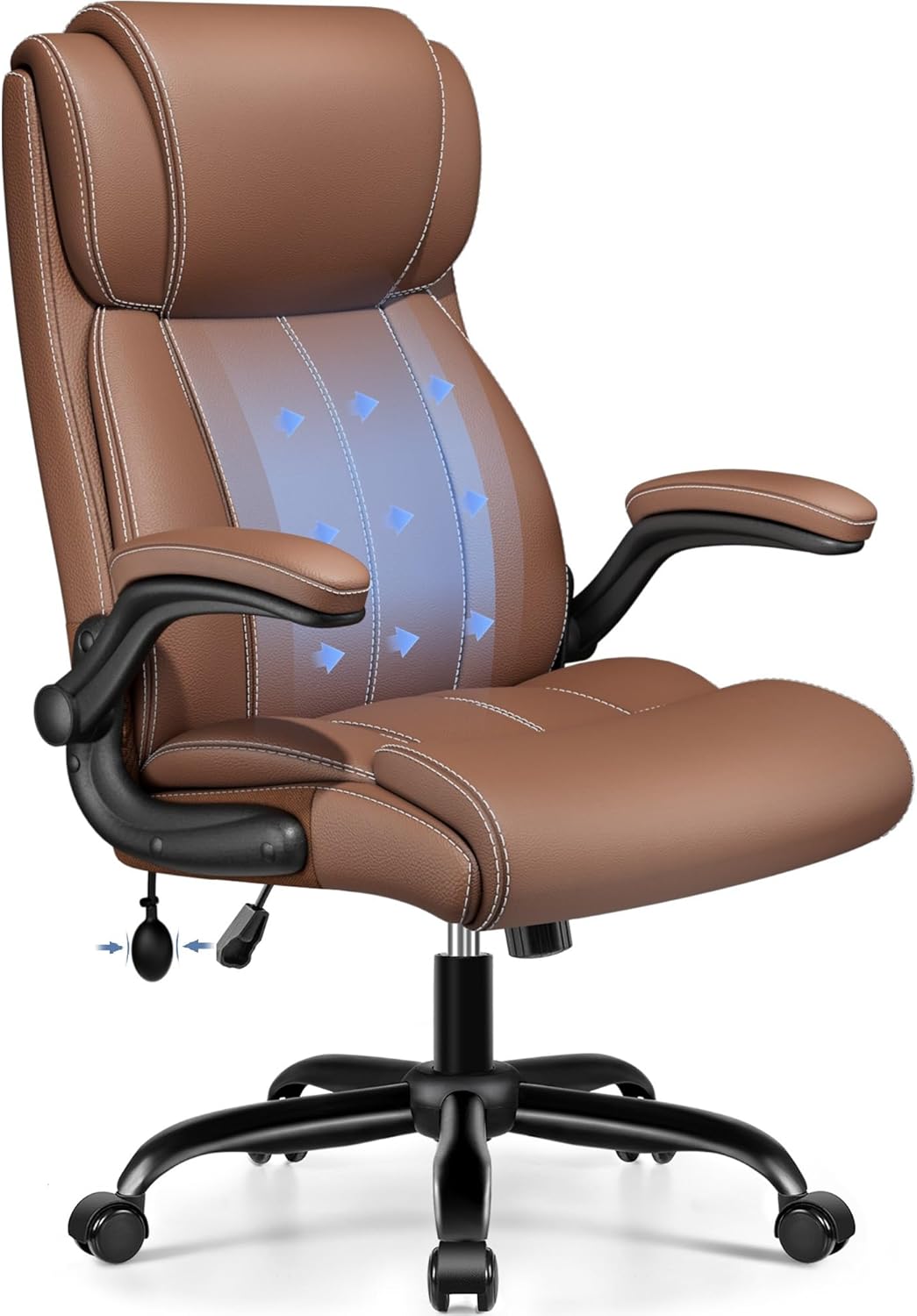 BESTFAIR Ergonomic Office Chair - Home Desk Computer Chair, Leather High Back Executive Chairs with Adjustable Lumbar Support & Flip-up Arms, Rocking Swivel Comfy, Brown
