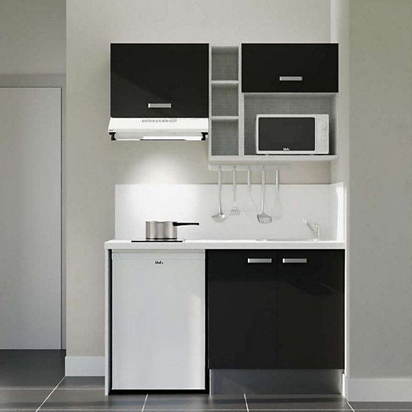 Kitchenette K13 - 140 cm - Façades : Noir - Plan de travail : Blanc - Crédences : Oui - Evier
