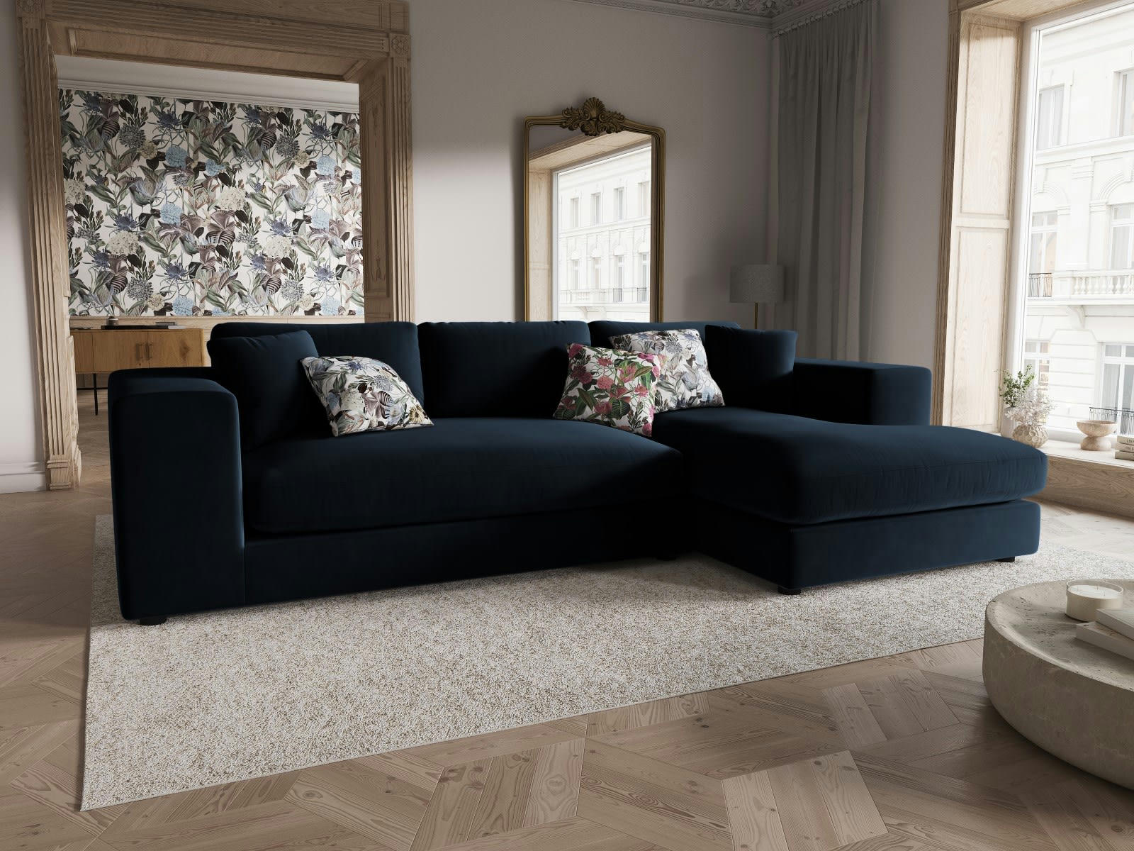 TENDANCE - Canapé D'Angle Droit 5 places en Velours Bleu Foncé