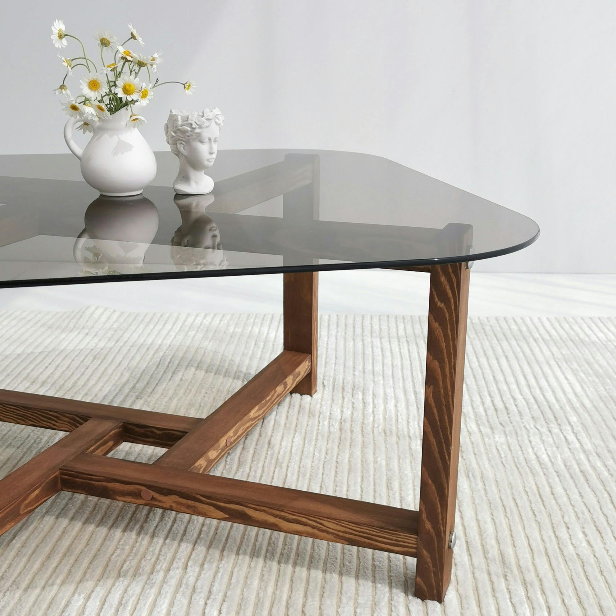 Table basse verre fumé et bois - forme carrée douce ANZIO