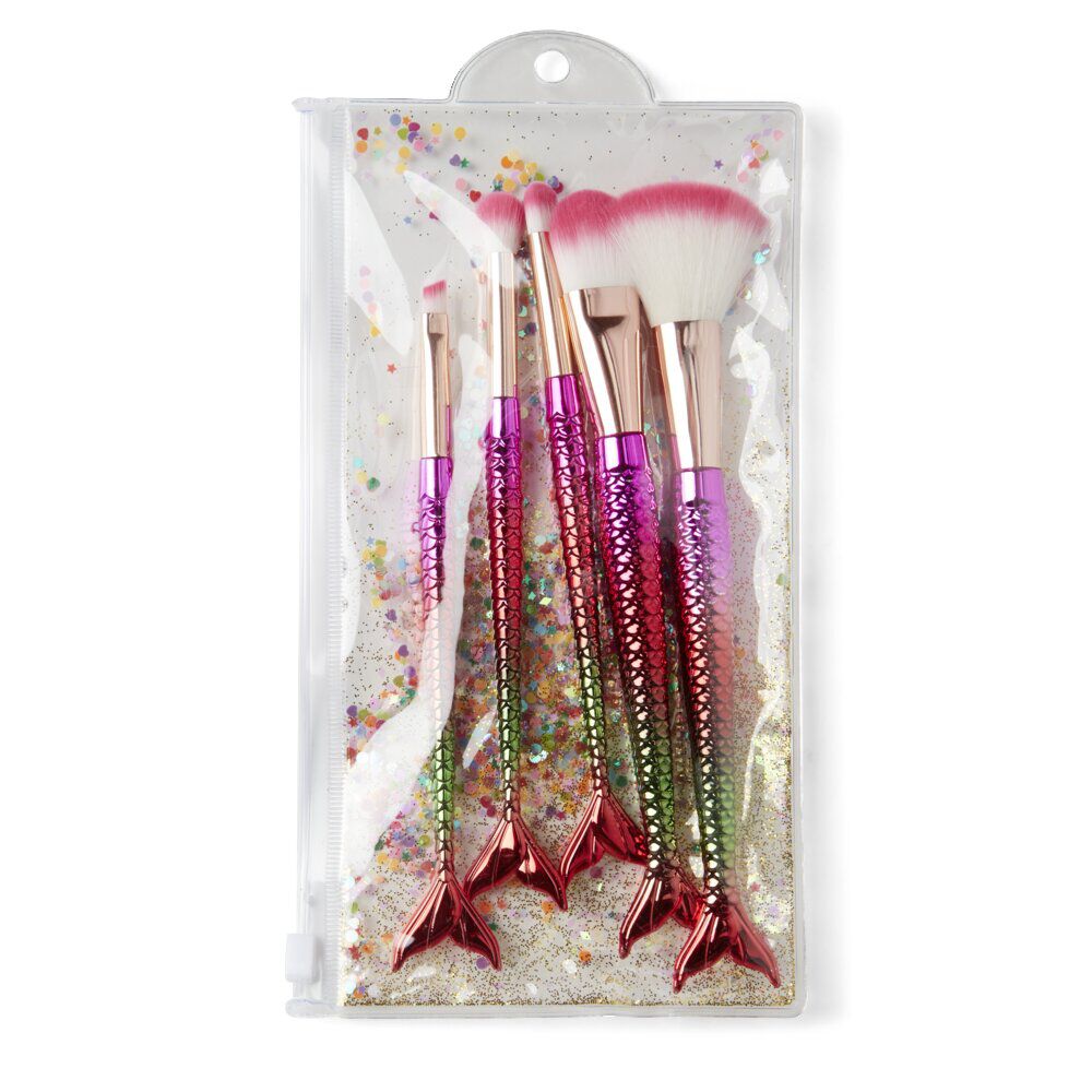 Pinceau cosmétique sirène 5 pièces avec trousse transparente pailletée