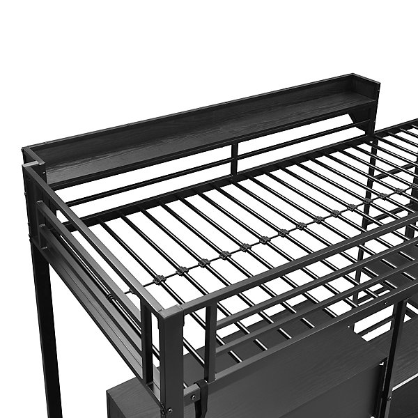 Lit superposé 90x200 cm, avec table, armoire, échelle 5 marches, cadre métal, noir