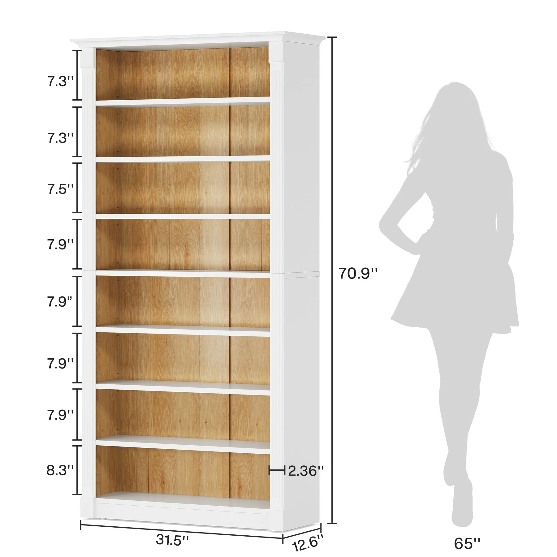 8-Tier Tall Bookcase, Freestanding Bookshelf with Adjustable, Shelves for Living Room, Bedroom, Home Office, White & Oak