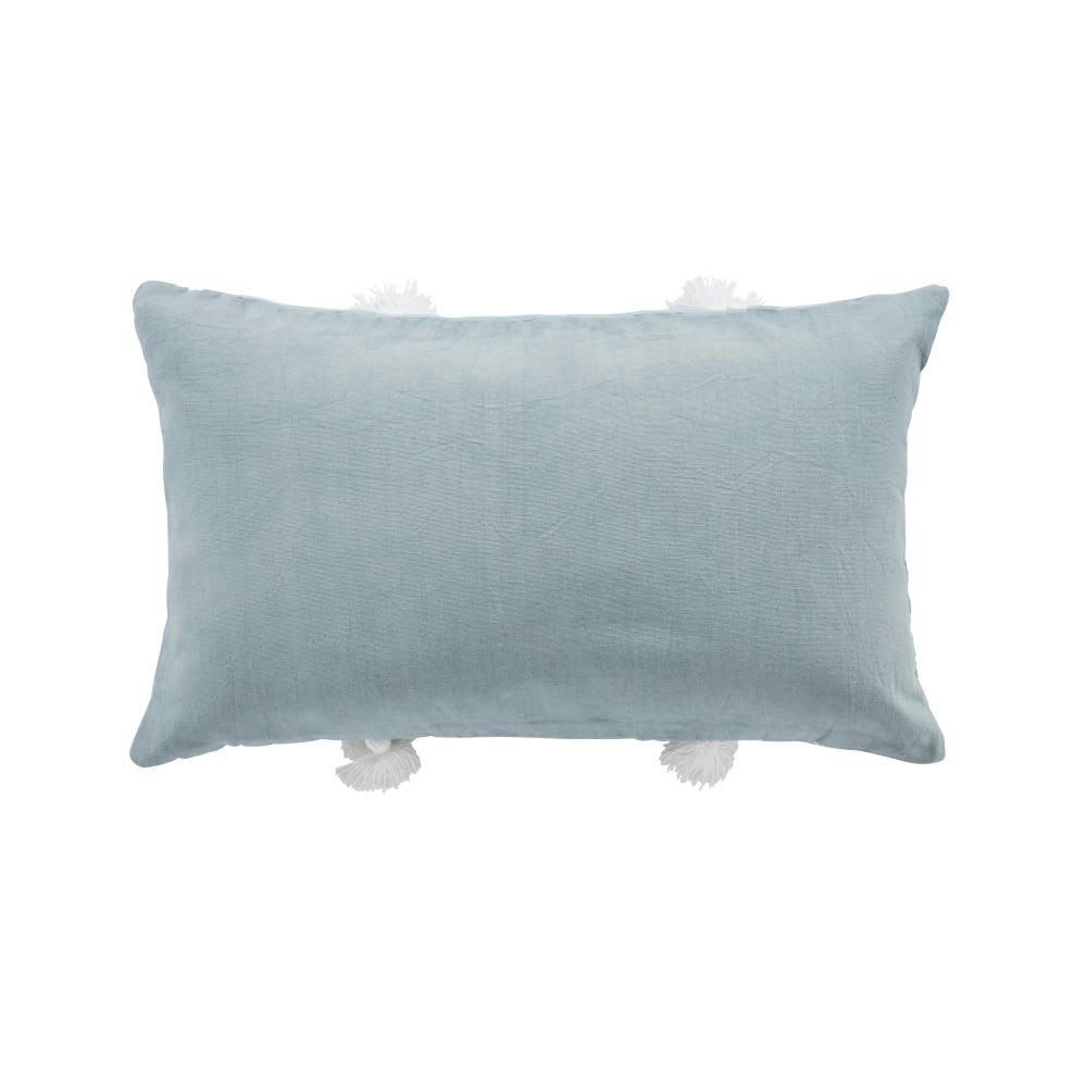 LIMANA - Coussin en coton recyclé tissé bleu avec pompons 30x50
