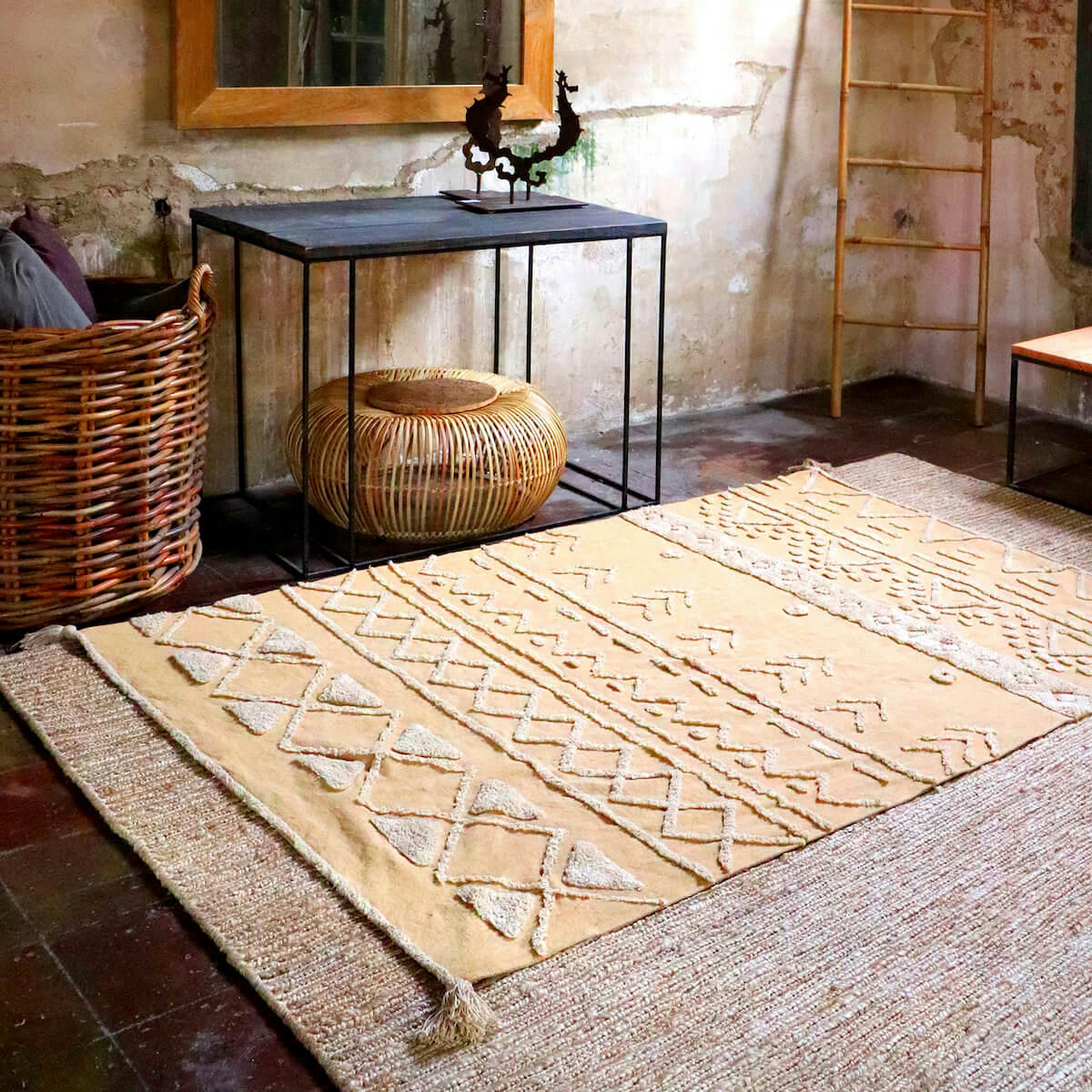 TRIBU - Tapis ethnique berbère en coton jaune 140x200