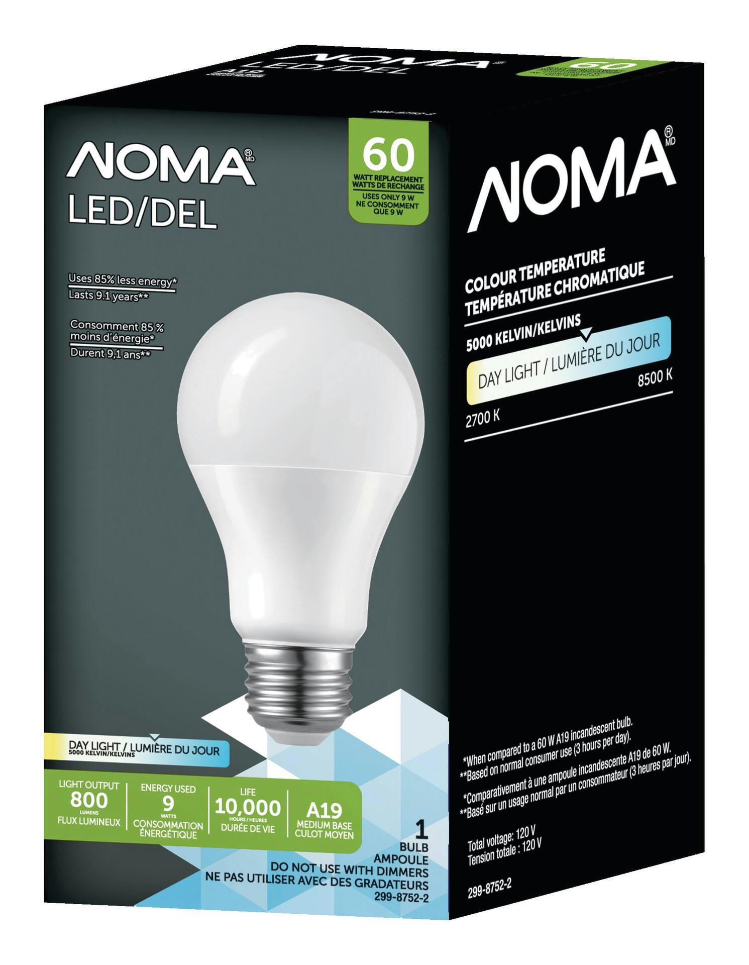 NOMA A19 E26 Base Household Non-Dimmable LED Light Bulb, 800 Lumens, Assorted Colours, 60W