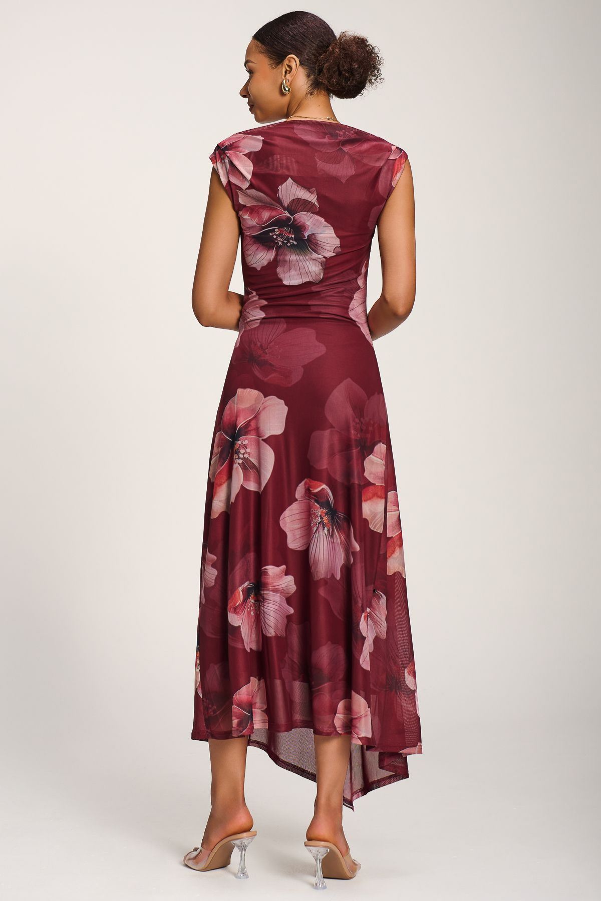 Jolie Moi Asymmetric Draped Mesh Maxi Dress