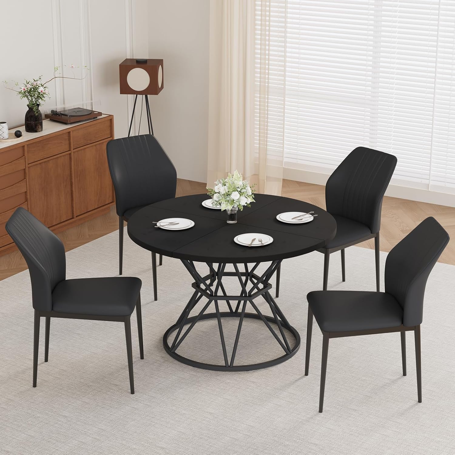 47.24 Round Dining Table Set for 4, 5 Piece Dining Room Table Set, Circle Kitchen Table and Chairs for Dining Room, Living Room, Kitchen, Apartment(Black Table + 4 Black Faux Leather Chairs)