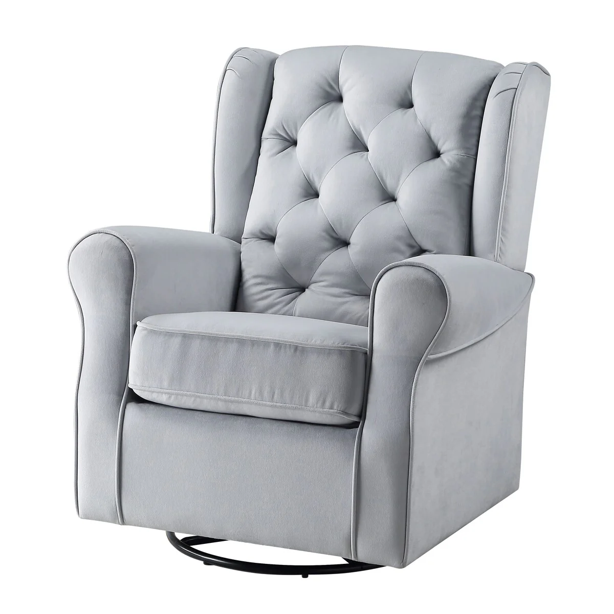 Grey Glider Swivel Chair: Transitional Design, Tufted Back, Stable Metal Base