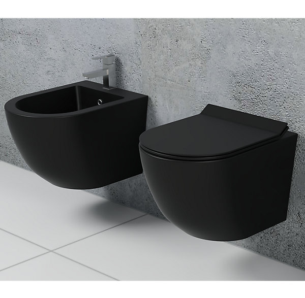 Couple de sanitaires suspendu Rimless sans bride, gamme New Bent de couleur noire mat avec abattant soft-close inclus