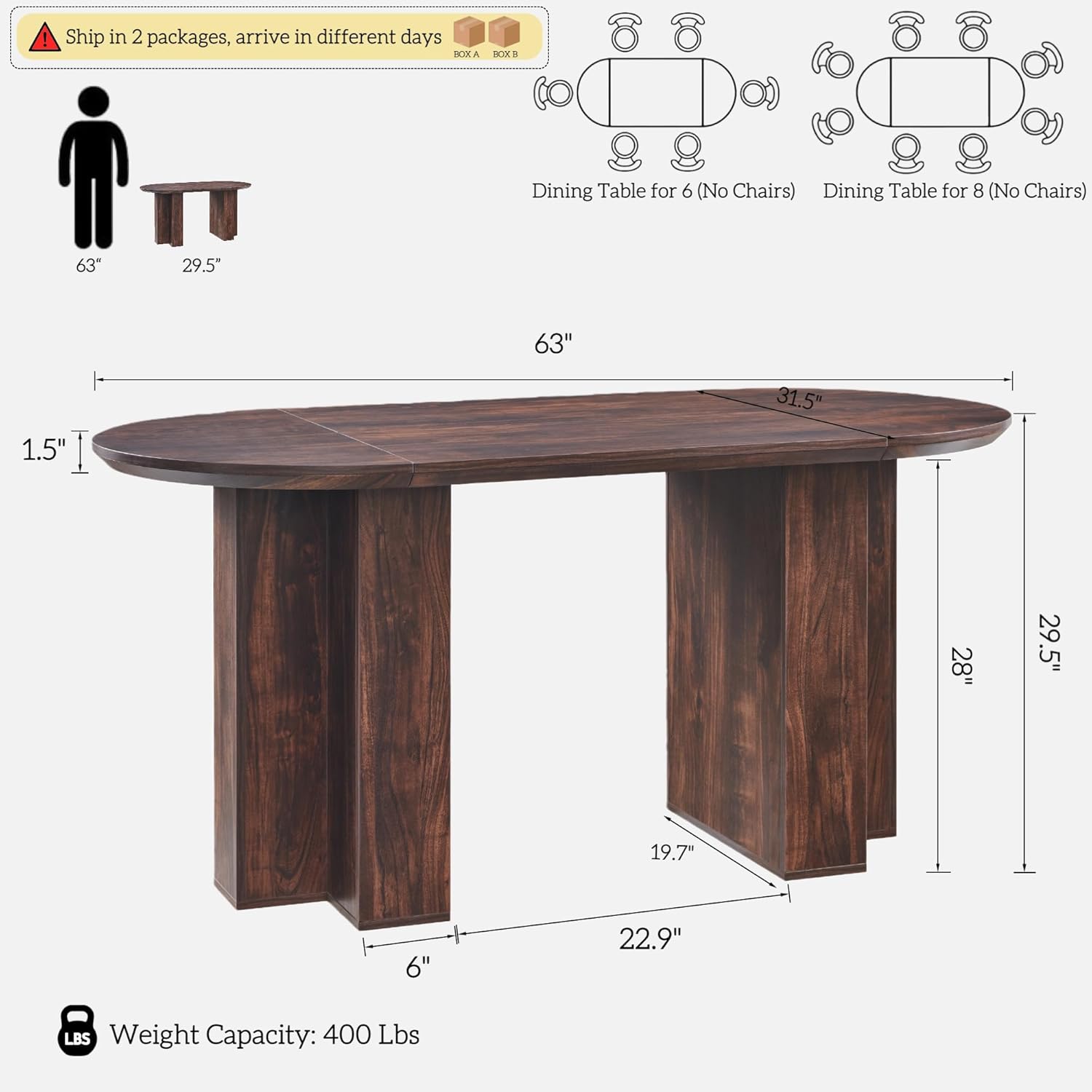 OKD 63 Inch Modern Wood Oval Dining Table for 4-6, Dining Room Table with Stable T-Shaped Base & Metal Frame & Thick Tabletop, Sturdy Kitchen Table for Dinner Room, Kitchen, Gathering, Dark Walnut